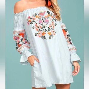 Free People Light Blue Embroidered Dress